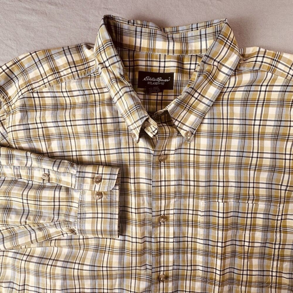 Eddie Bauer Men 2XL Flannel Shirt Green Blue Plaid Gorpcore Outdoors Relaxed Fit